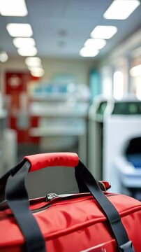 Close-up of a red first aid bag with a white cross emblem displayed in a medical setting
