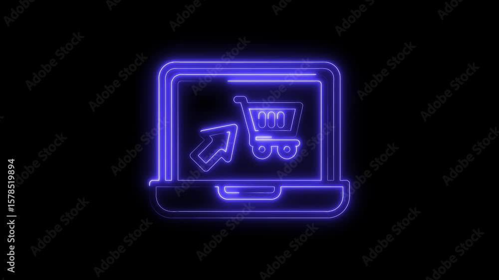 Poster neon laptop shopping cart and cursor glowing on black background seamless loop animation