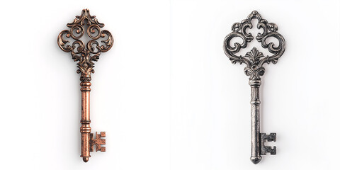 old rusty keys; vintage key with ornate details metallic texture