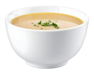 Creamy soup in white bowl on black