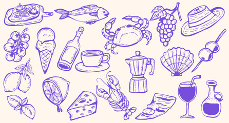 Italian style vacation and foods doodle set featuring classic summer scenes and traditional dishes, with a lively, hand-drawn charm that evokes Italian culture.hand-drawn collection