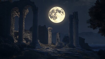 Ancient ruins illuminated by full moon