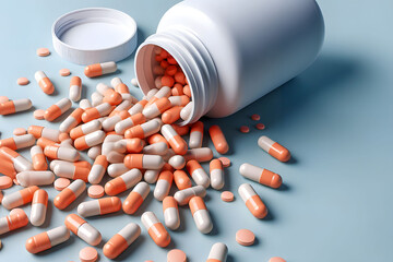 Pharmaceutical overflow , an overturned bottle spilling out a variety of capsules and tablets