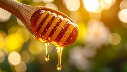 Honeycomb drips from wooden spoon outdoors