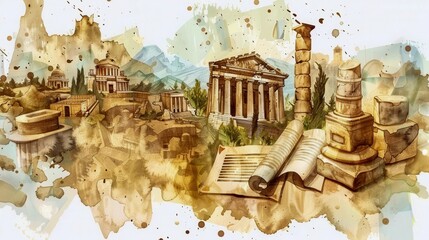 watercolor history timeline with ancient ruins and scrolls .