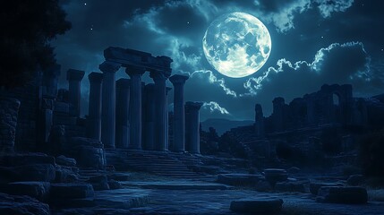 Ancient ruins illuminated by full moon