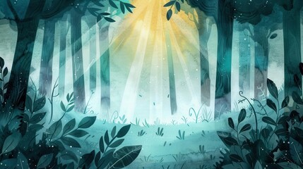 watercolor forest therapy scene with sunlight beams .
