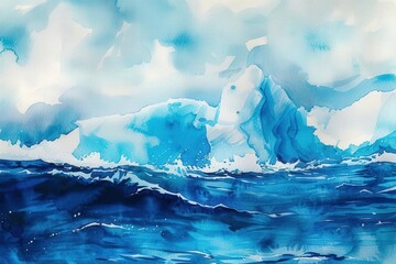 watercolor iceberg melting into ocean waves blue and white on water .