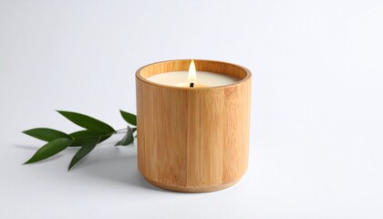 A softly burning candle nestled in a smooth wooden bowl, flanked by a fresh green sprig—visualizing tranquility, organic warmth, and the meditative glow of natural ritual