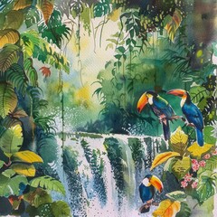 watercolor jungle waterfall with toucans and vines .