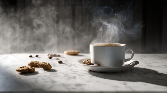 Stylish coffee shop table arrangement featuring creamy latte coffee cup with cookies, cinnamon, menu beside artistic cafe interior