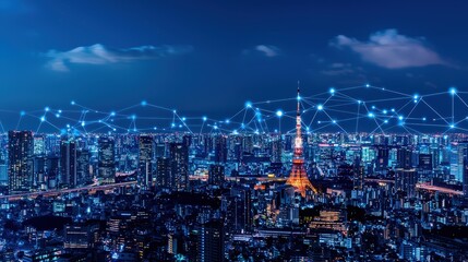 Futuristic connectivity in Tokyo's skyline with digital network overlay