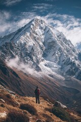 Hiker Contemplating Majestic Mountain Peak.