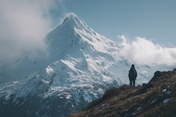 Hiker Gazing at Majestic Snowy Mountain.
