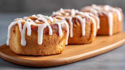 Delicious cinnamon rolls topped with sweet icing, perfect temptation for desserts and hunger cravings, served on wooden tray