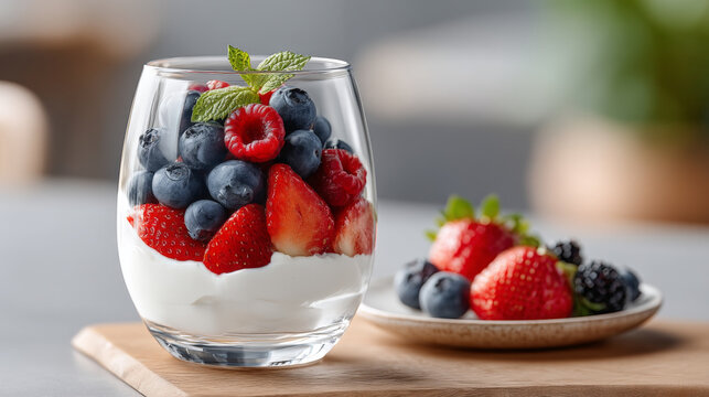 Tempting glass of creamy yogurt topped with fresh blueberries, raspberries, and strawberries, evoking hunger for delightful desserts and healthy
