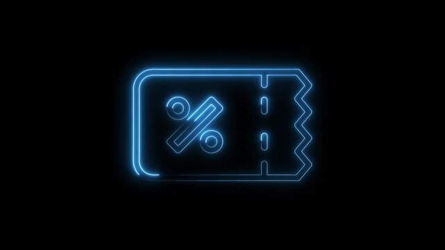 Glowing blue neon discount coupon animation on black background for sale promotions and special offers