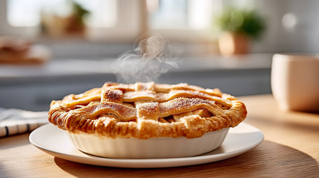 Freshly baked pie with golden lattice crust sits on white plate, steaming temptingly in sunlit kitchen, evoking hunger for sweet desserts