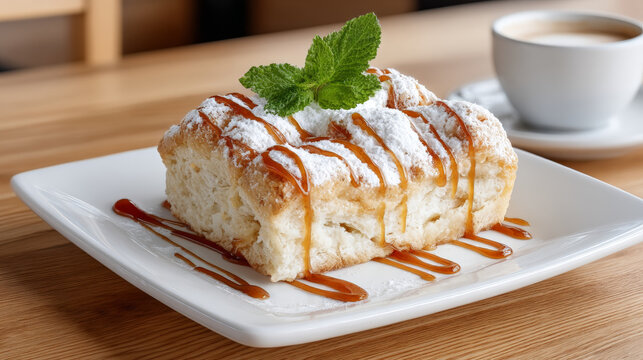 Tempting dessert featuring flaky pastry drizzled with caramel sauce, dusted with powdered sugar, and garnished with fresh mint, evoking hunger