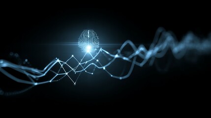 An abstract representation of artificial intelligence, featuring a light blue brain icon and flowing data waves against a dark background.