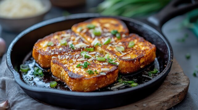 Parmesan cheese French Toast with spring onion on cast iron pan