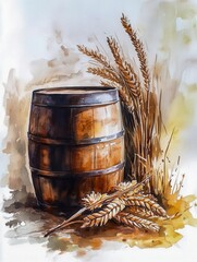 watercolor oil barrel and wheat sheaf with inflation percentage muted browns on barrel