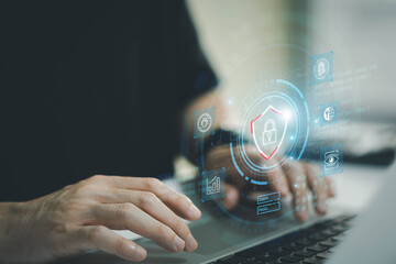 Business person secure technology data privacy to prevent cybercrime. Data security or PDPA compliance. Business and financial information data encryption and authentication.