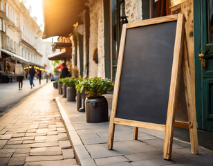 Blank slate on the street near the Cafe or Pub. Business Center, Shopping Center, Center. Copy space, empty space for advertising