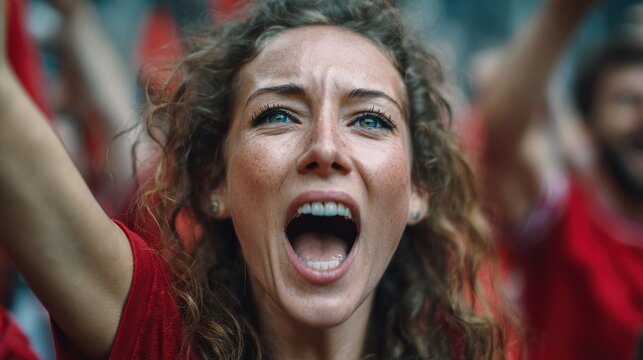 Red sport fans screaming while supporting their team out of the stadium - Football supporters having fun at competion event - Champions and winning concept - Focus on center girl face, no logos, no b
