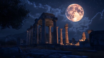 Ancient ruins under full moon