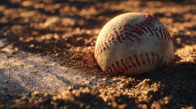 A baseball nestled in the batter's box dirt, with rays of sunlight creating a dramatic contrast between the red stitching and the field's textures