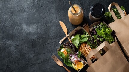 Healthy meal diet plan daily ready menu black background, fresh dishes in paper boxes, smoothie, fork knife on paper eco bag as food delivery service at home in office, flat lay, website photo banner