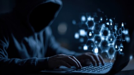 Cyber attack in process with hacker using laptop. Computer and digital security icons in cells. Hacking and malware concept., no logos, no brands