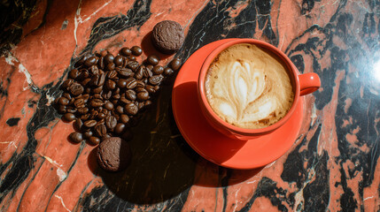 Stylish coffee shop table arrangement featuring creamy latte coffee cup with cookies, cinnamon, menu beside artistic cafe interior