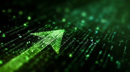 A green digital arrow pointing upwards, symbolizing growth and progress in technology and data analysis.