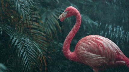 Fototapeta premium Portrait of a pink flamingo standing in the rain in a tropical forest
