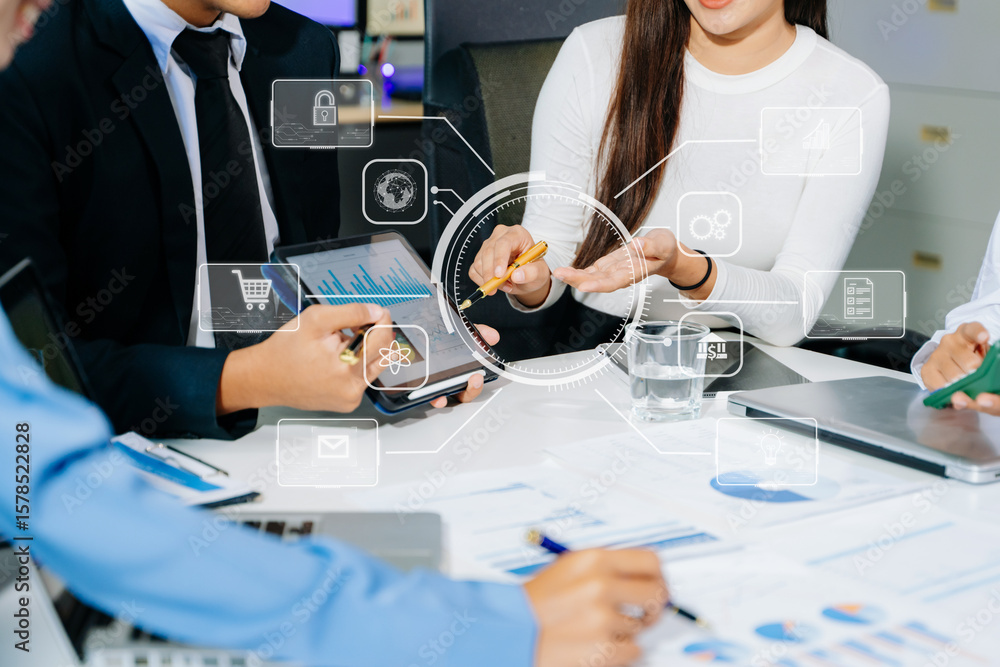 Poster working team meeting concept, business using laptop and smart phone and digital tablet computer with