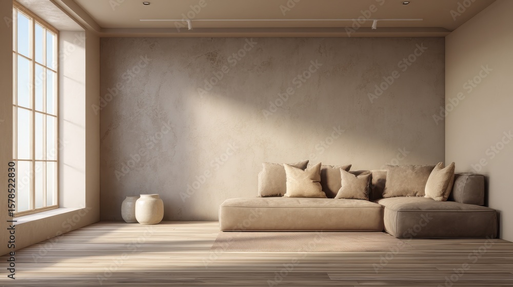 Poster a minimalist living room in soothing tan tones, with ample space for adding text or graphics. the si
