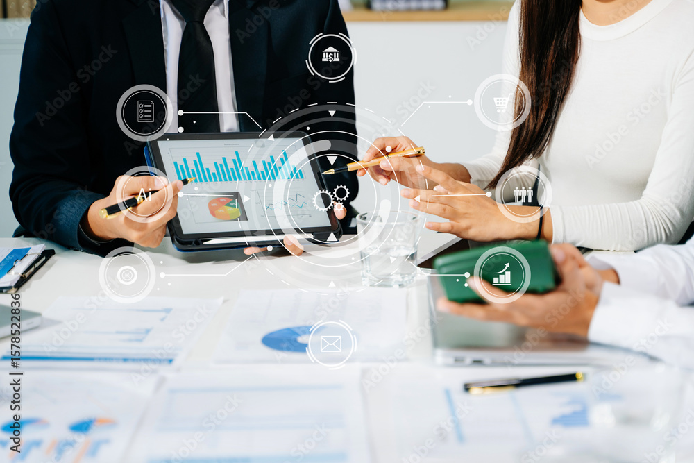 Poster working team meeting concept, business using laptop and smart phone and digital tablet computer with