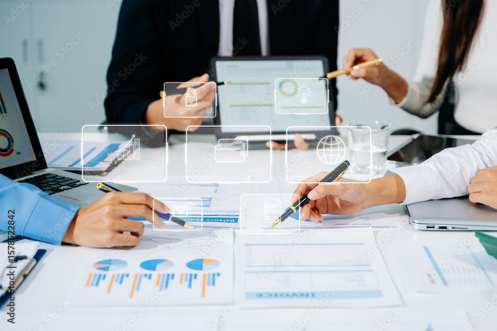 Aufkleber working team meeting concept, business using laptop and smart phone and digital tablet computer with