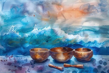 watercolor sound healing scene with singing bowls and waves .