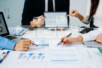 Working team meeting concept, business using laptop and smart phone and digital tablet computer...