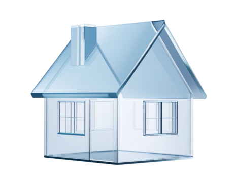 3D glassy home icon with soft shadows, isolated on a transparent background