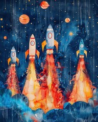 watercolor space exploration rockets and planets .