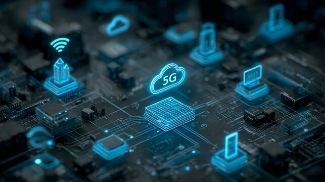 A futuristic 5G technology representation, featuring glowing blue digital icons over a circuit board background.