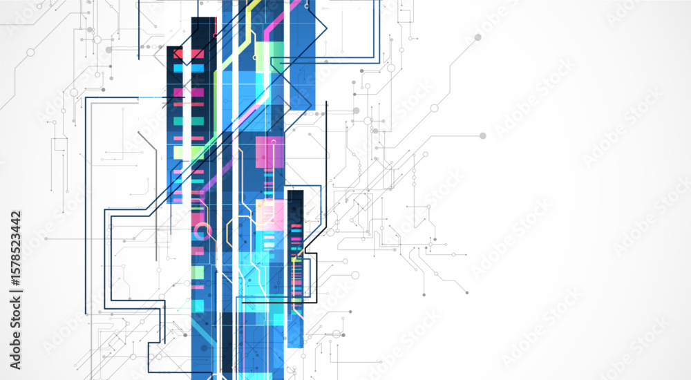 Poster technological background with colorful squares glowing on a blue gradient. vector.