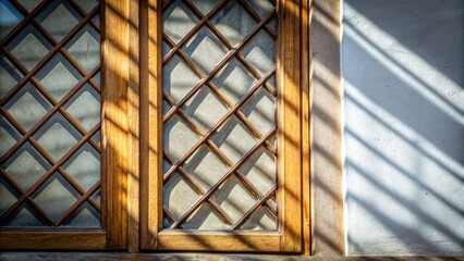 Sunlight casts shadows through a wooden lattice window onto a textured white wall, highlighting the intricate geometric patterns.