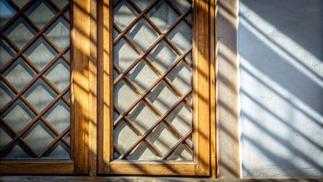 Fototapeta Sunlight casts shadows through a wooden lattice window onto a textured white wall, highlighting the intricate geometric patterns.
