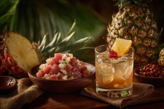 capture vibrant essence of hawaiian vibes showcasing feast of traditional local dishes and refreshing drinks