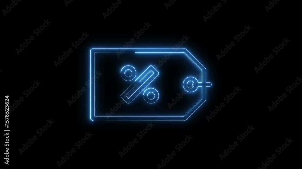 Poster Glowing neon discount price tag with percentage symbol isolated on black background loop